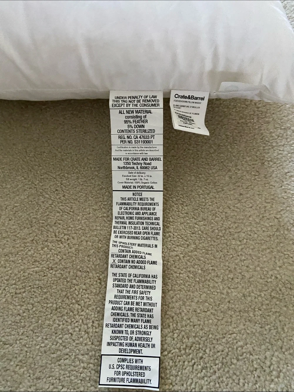 Crate & Barrel Feather Down Pillow Insert 21x14 new